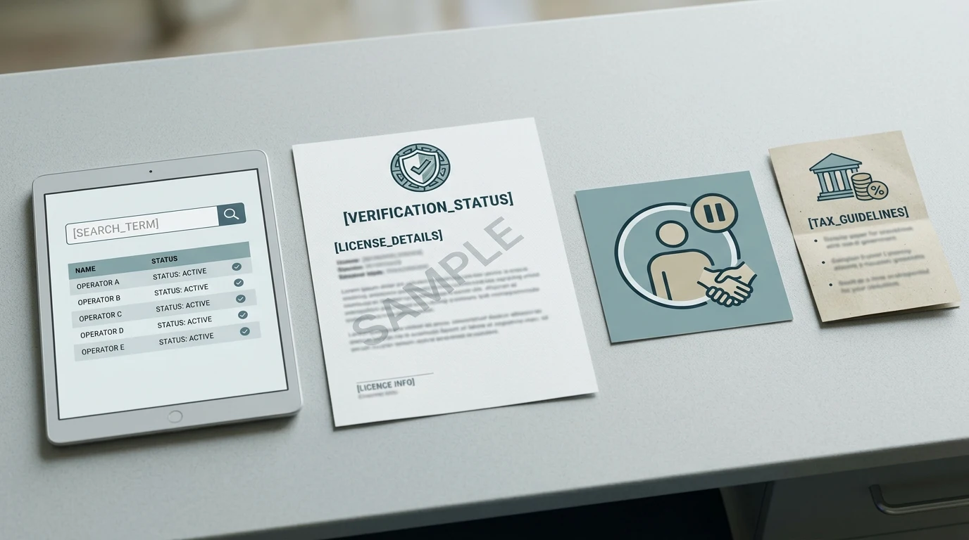 Illustratie van een Nederlandse vergunningcontrole met register, document, schild en belastingnotitie