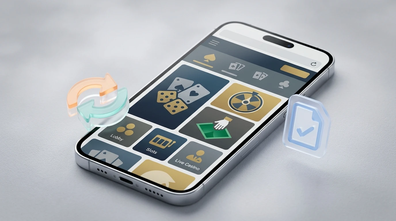 Illustratie van een mobiele telefoon met generieke mobiele casino-website, betaalicoon en verificatiesymbool
