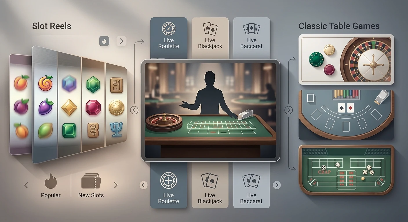 Illustratie van een casinobibliotheek met gokkasten, tafels met croupier in beeld en selecties
