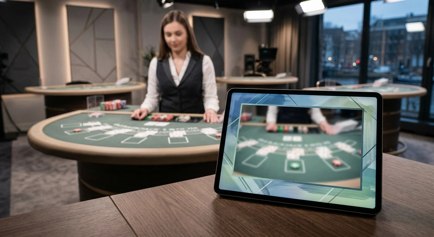 Generieke croupier in beeld tafel met mobiele videoweergave